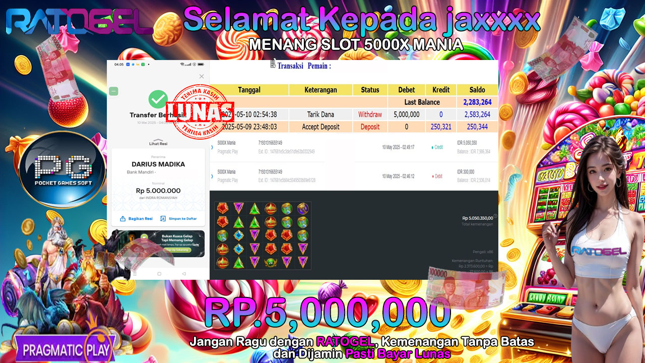 BUKTI JACKPOT SLOT 5.000 X MANIA TERPERCAYA DI INDONESIA TGL 10-05-2025