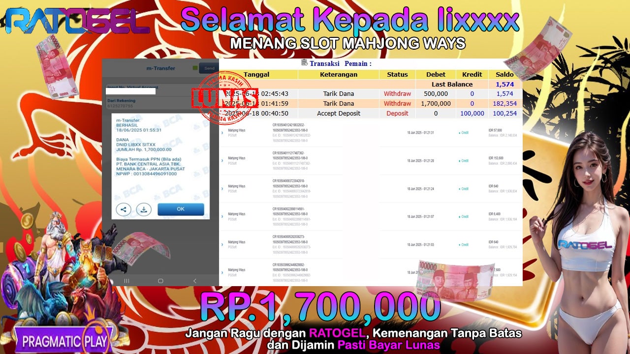 BUKTI JACKPOT SLOT MAHJONG WAYS TERPERCAYA DI INDONESIA TGL 18-06-2025