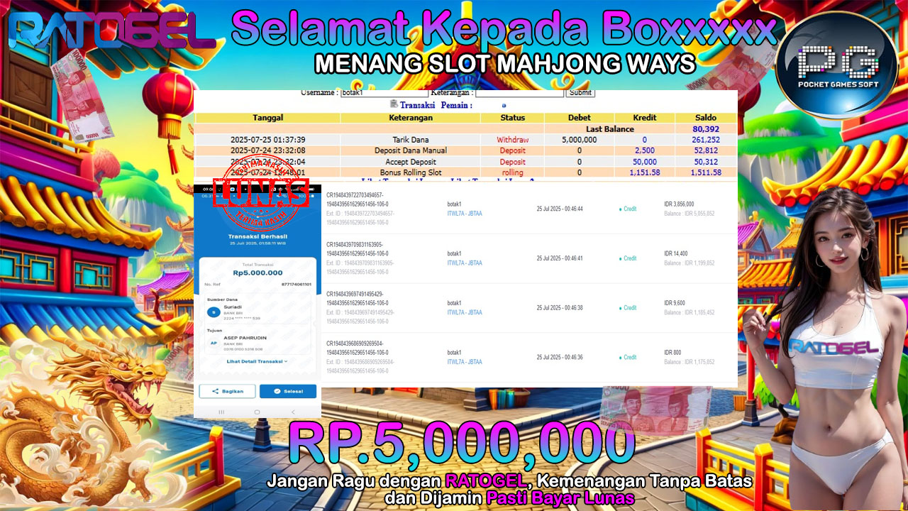 BUKTI JACKPOT SLOT MAHJONG WAYS TERPERCAYA DI INDONESIA TGL 25-07-2025