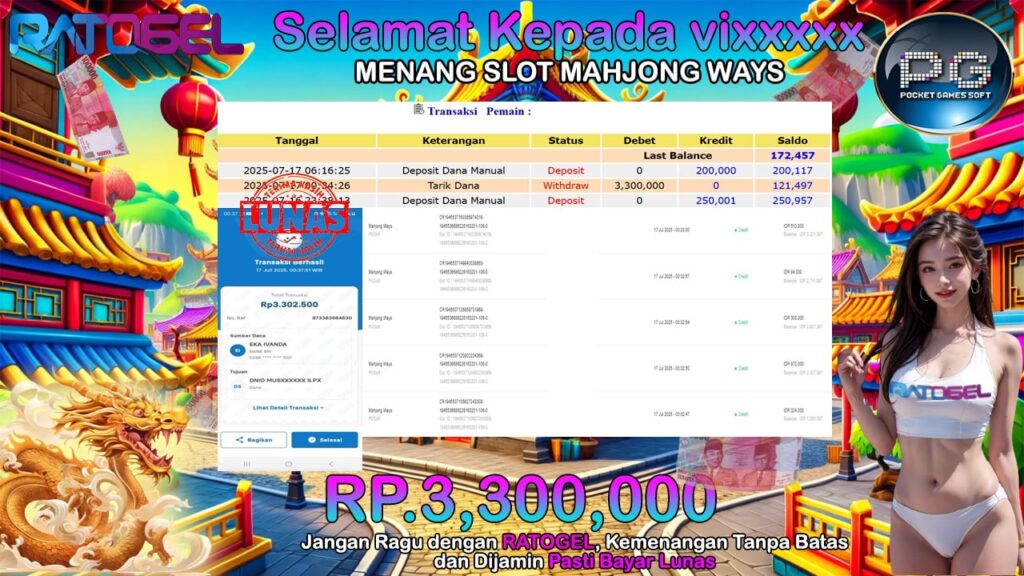 BUKTI JACKPOT SLOT MAHJONG WAYS TERPERCAYA DI INDONESIA TGL 17-07-2025