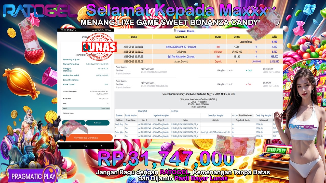 BUKTI JACKPOT LIVE GAME SWEET BONANZA CANDYLAND TERPERCAYA DI INDONESIA TGL 16-08-2025