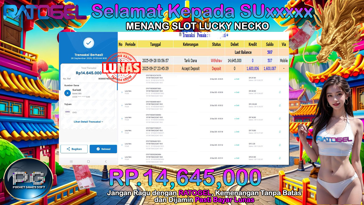 BUKTI JACKPOT SLOT PG SOFT LUCKY NECKO TERPERCAYA DI INDONESIA TGL 28-09-2025